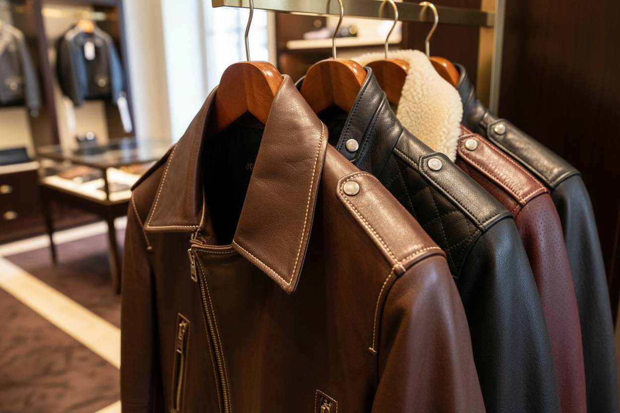 CLOSEUP OF HANGING LEATHER JACKETS